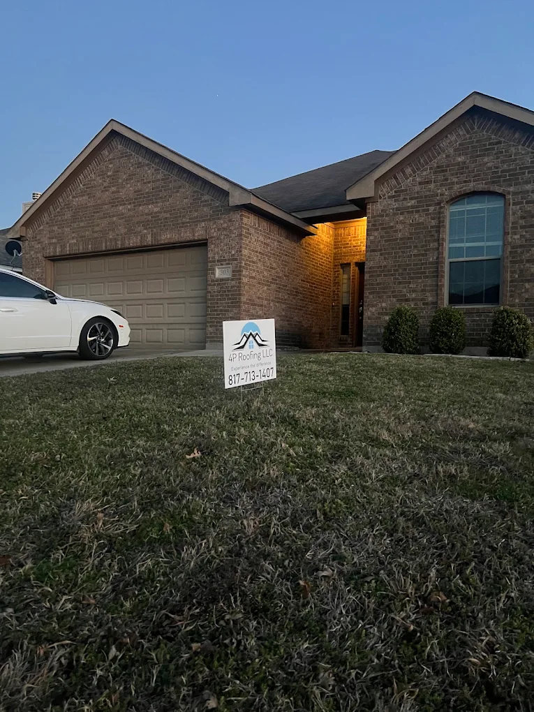 4P Roofing LLC yard sign in front of a completed job
